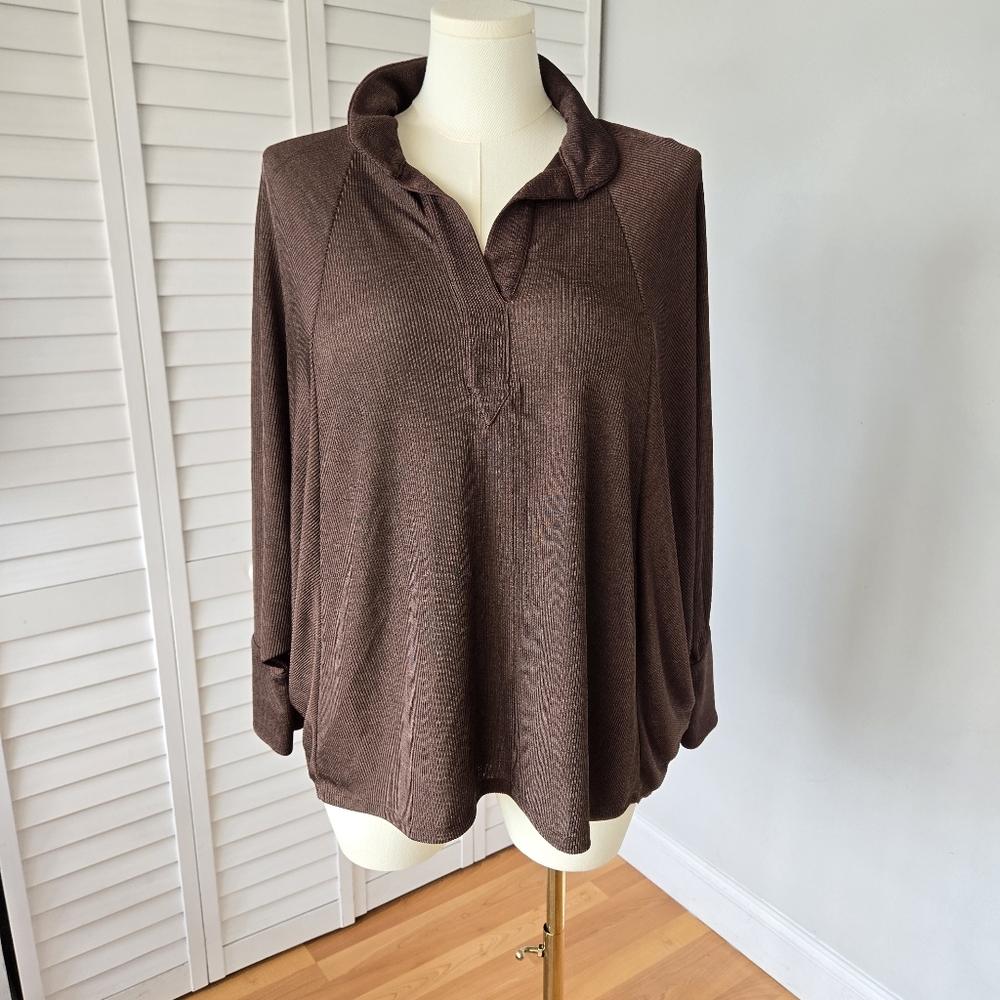 ZARA Brown Ribbed Knit Dolman Sleeve Top Size S Slouchy Minimal Cozy Chic Fall - Picture 3 of 12